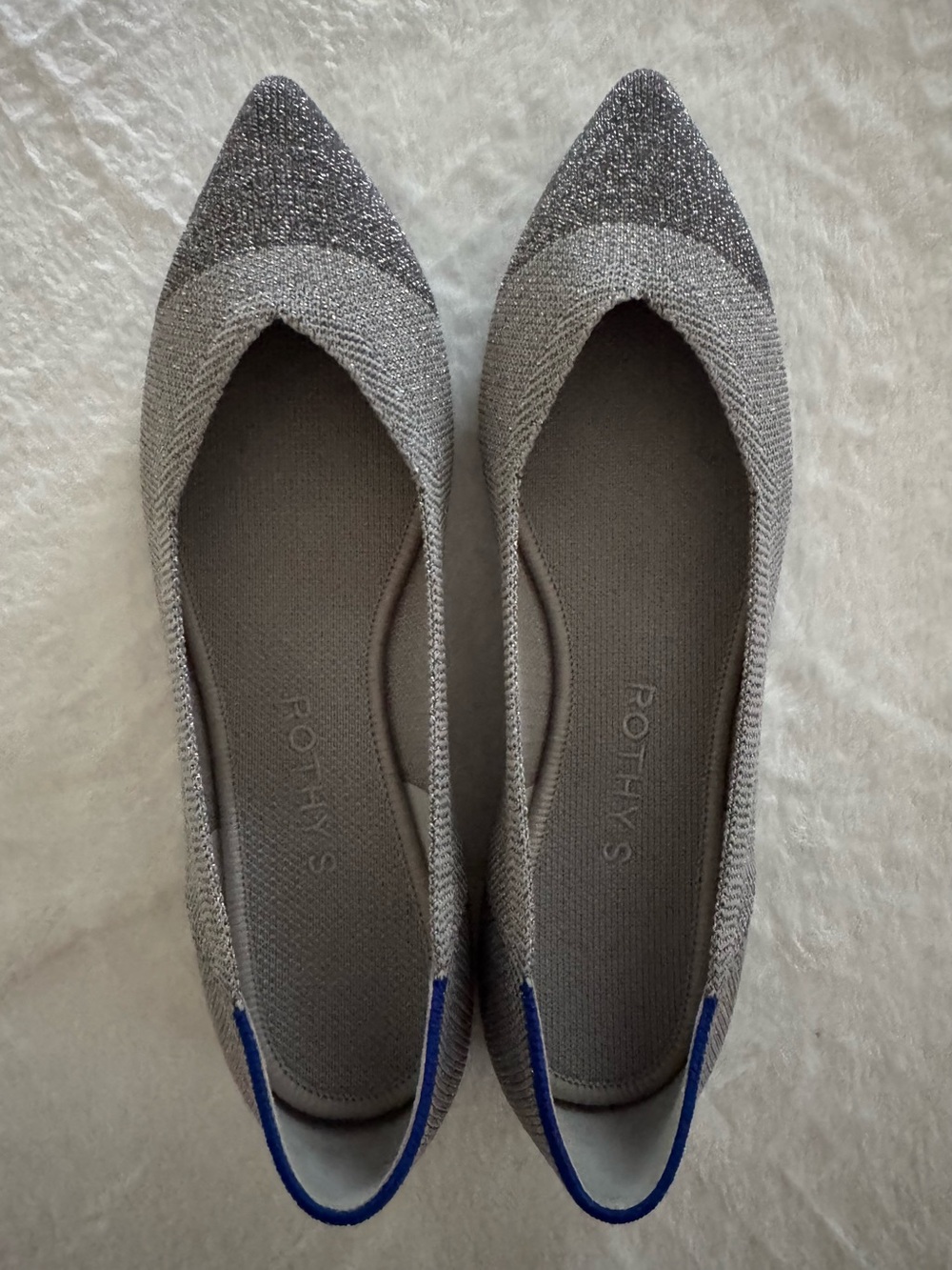 BRAND NEW Rothy's Pointed Knit Flats in Silver and Gray with Blue Trim